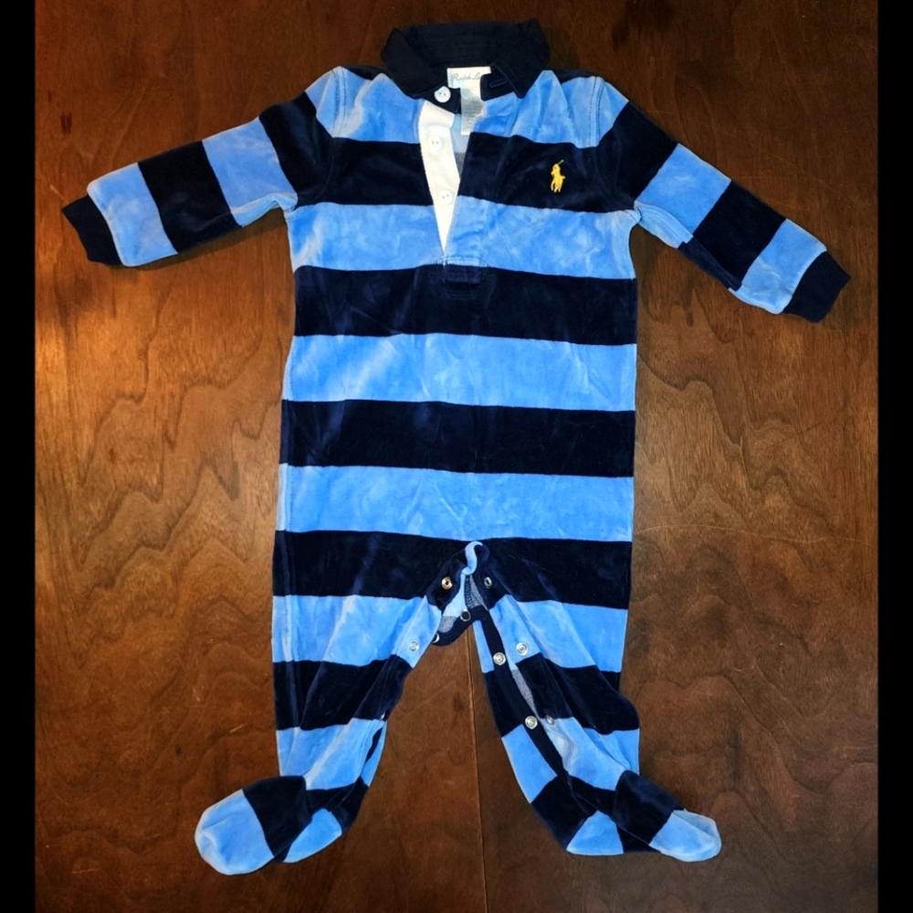 Ralph Lauren 9 month Velour Blue Striped Collared Footed Onesie